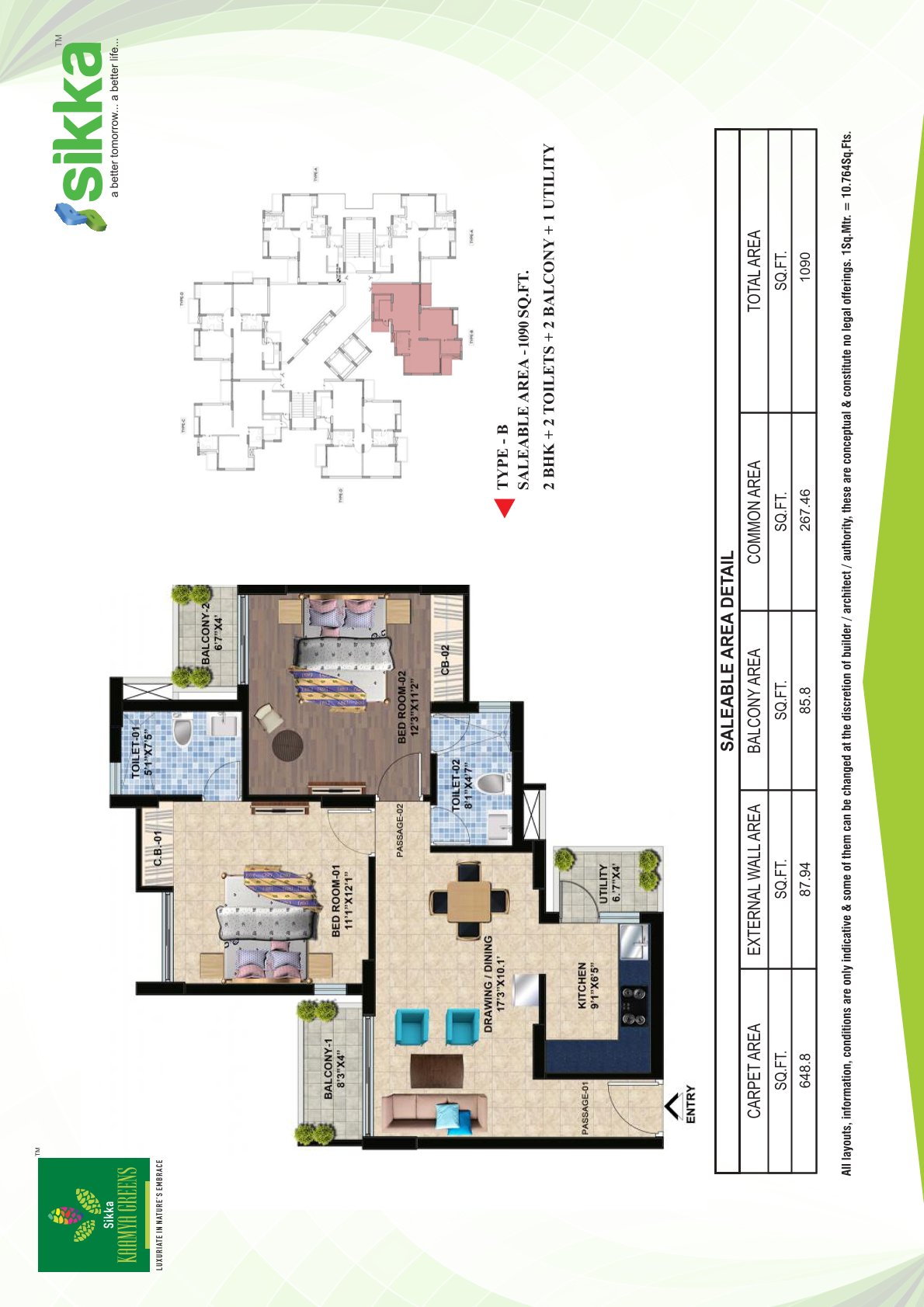 Covered Area: 1090Sq.ft.,Floor Plan: 2BHK, 2Toilets, 2Balcony, 1Utility