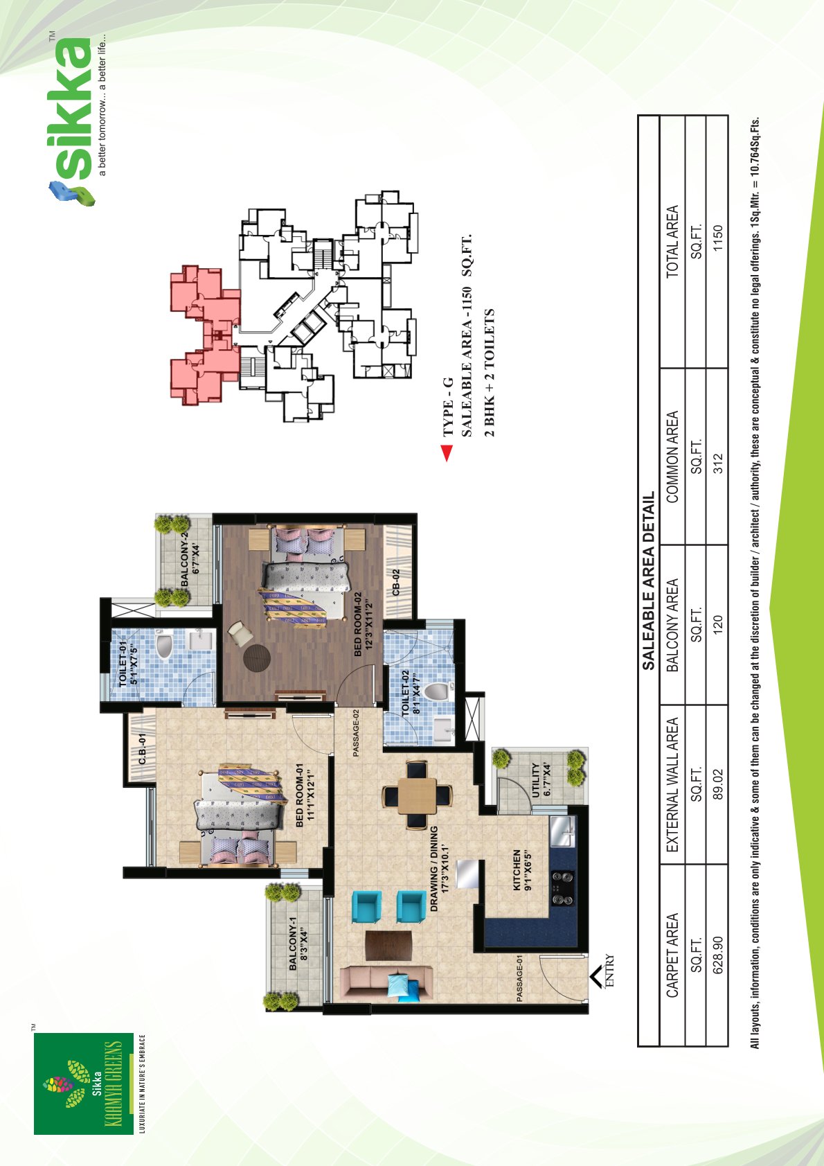 Covered Area: 1150Sq.ft., Floor Plan: 2BHK, 2Toilets,Servant room, 4Balcony, 1Utility