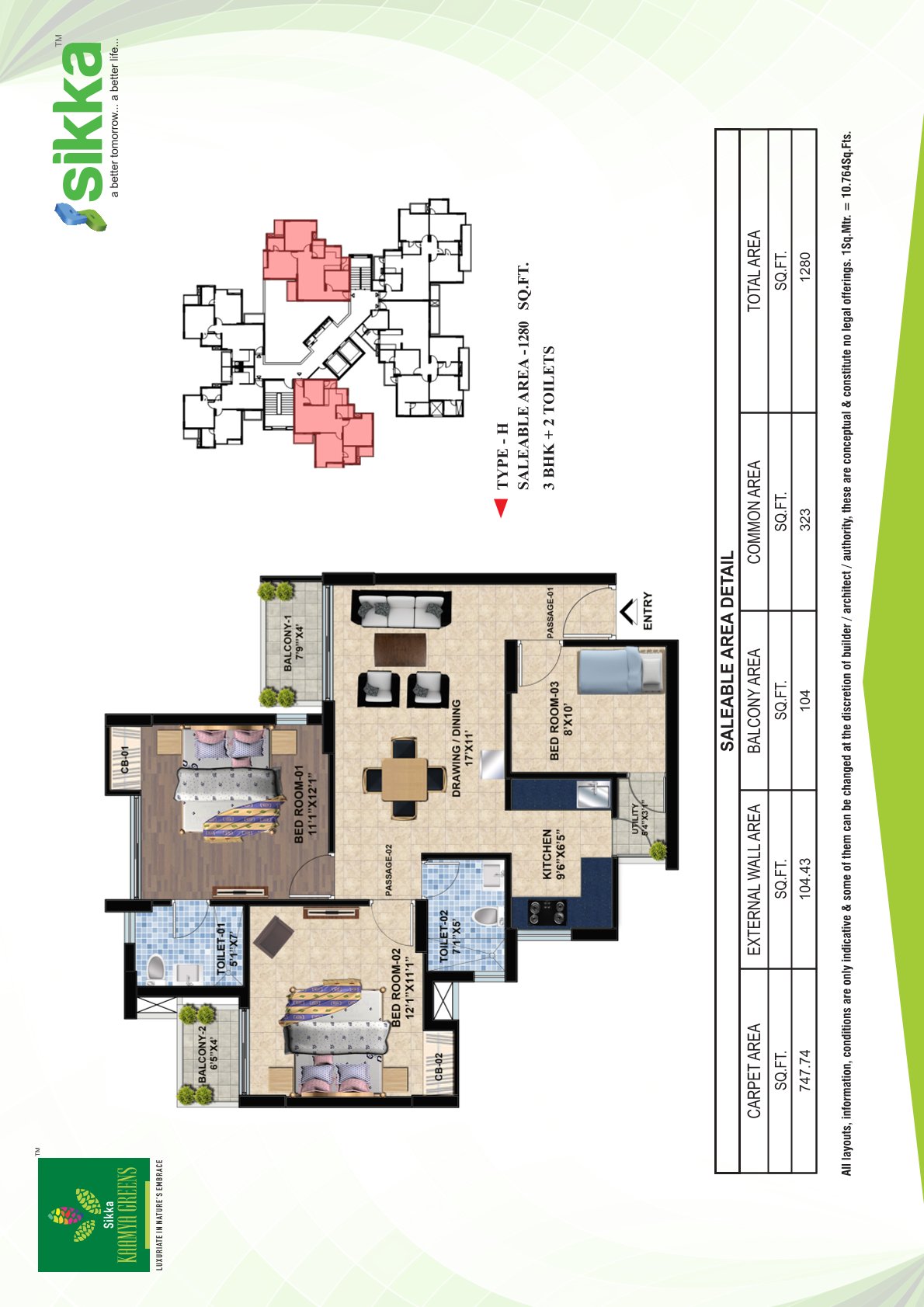 Covered Area: 1280Sq.ft., Floor Plan: 3BHK, 2Toilets, 2Balcony,
														1Utility