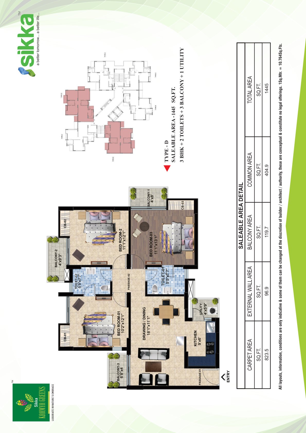 Covered Area: 1445Sq.ft., Floor Plan: 3BHK, 2Toilets, 3Balcony, 1Utility