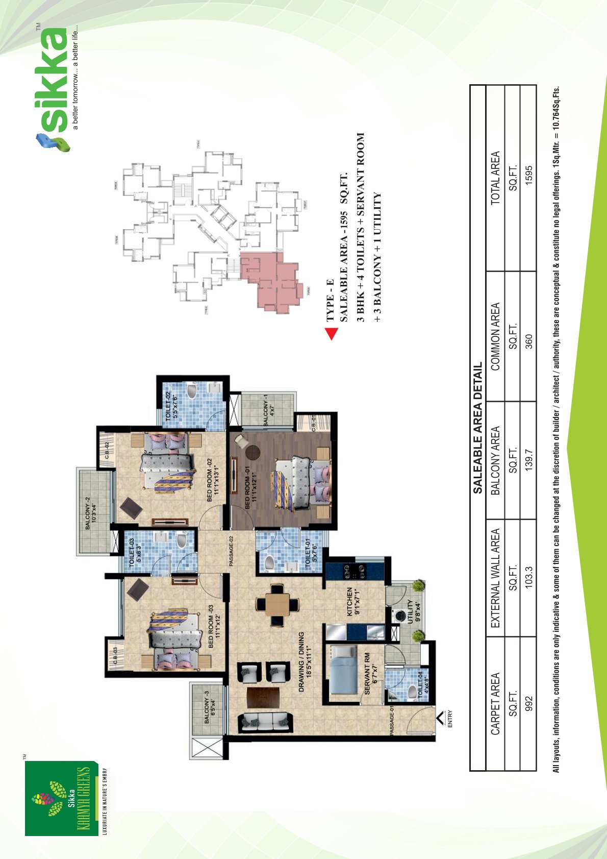 Covered Area: 1595Sq.ft., Floor Plan: 3BHK, 4Toilets,Servant room, 3Balcony, 1Utility
