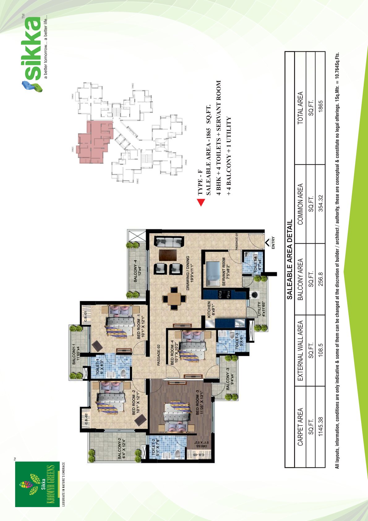 Covered Area: 1865Sq.ft.,Floor Plan: 4BHK, 4Toilets,Servant room, 4Balcony, 1Utility