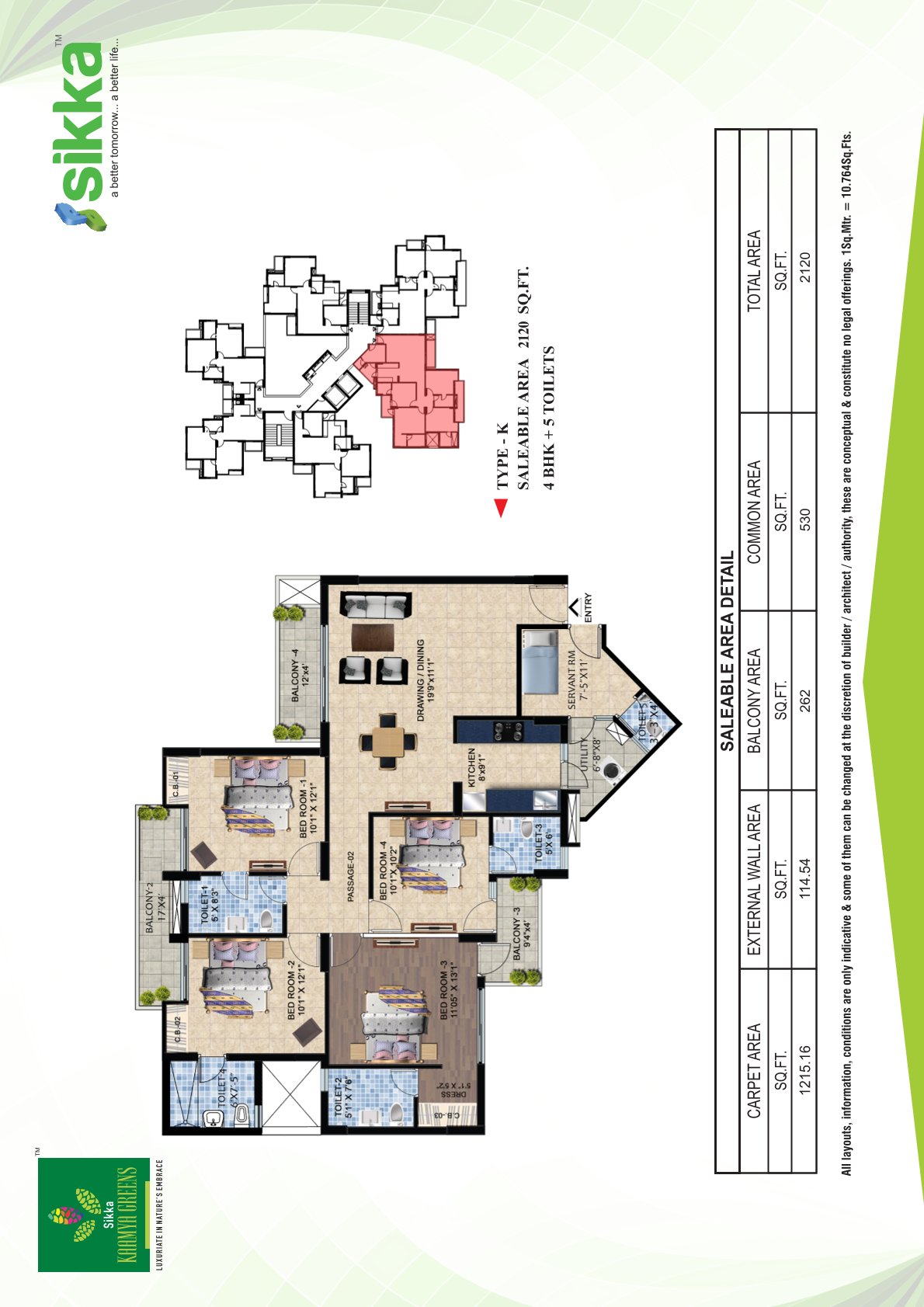 Covered Area: 2120Sq.ft., Floor Plan: 4BHK, 5Toilets, Servant room,
														3Balcony, 1Utility