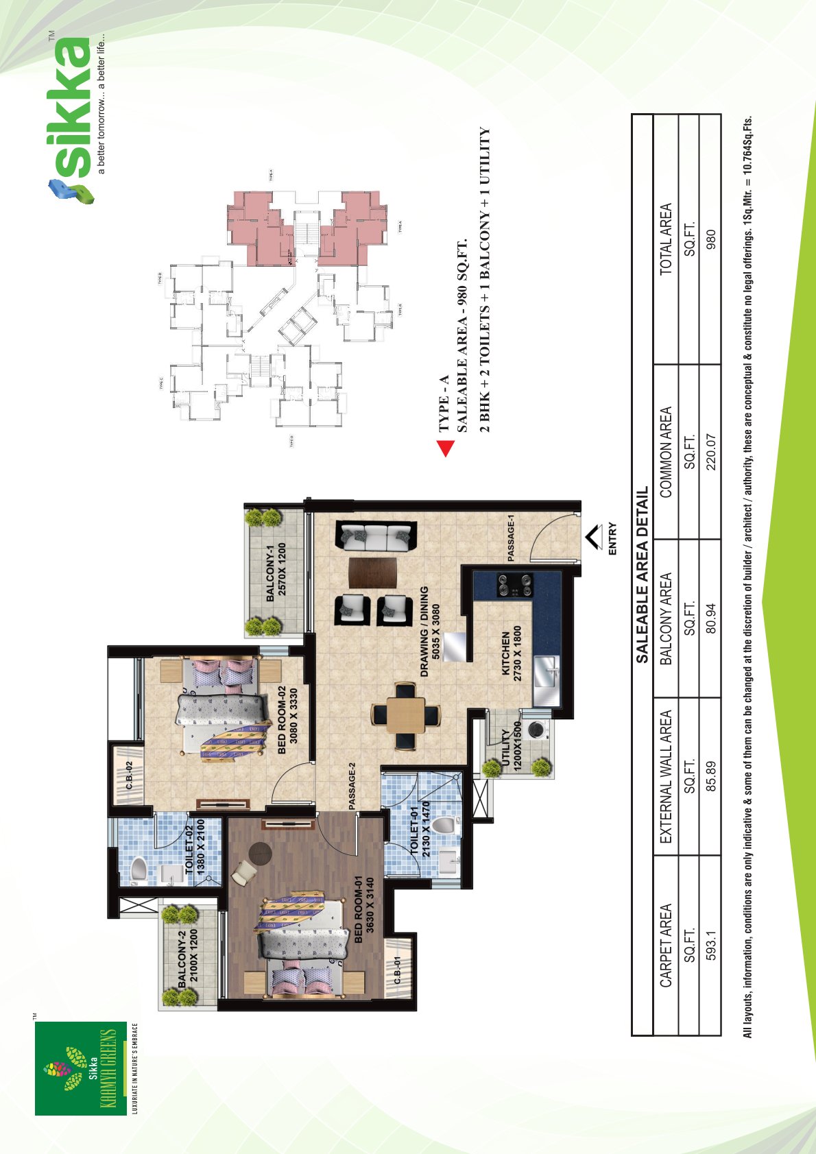 Covered Area :980Sq.ft,Floor Plan: 2BHK, 2Toilets, 1Balcony, 1Utility